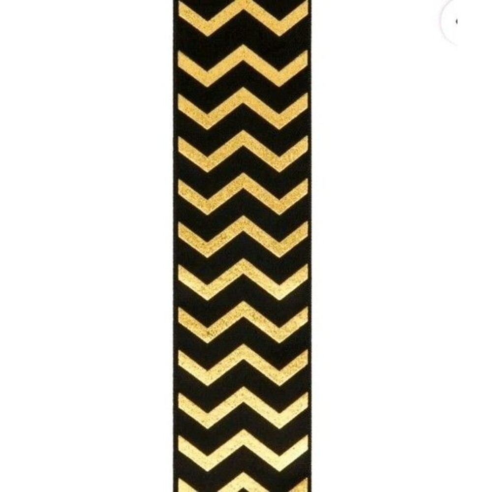 Berwick Offray Single Face Satin Ribbon, 1.5" x 3 Yds Black Gold Chevron Zig Zag